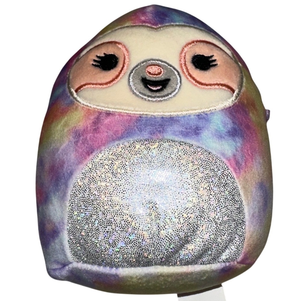 RARE! Squishmallow Mystery Sloth Rainbow Tie Dye Silver Glitter Belly Plush